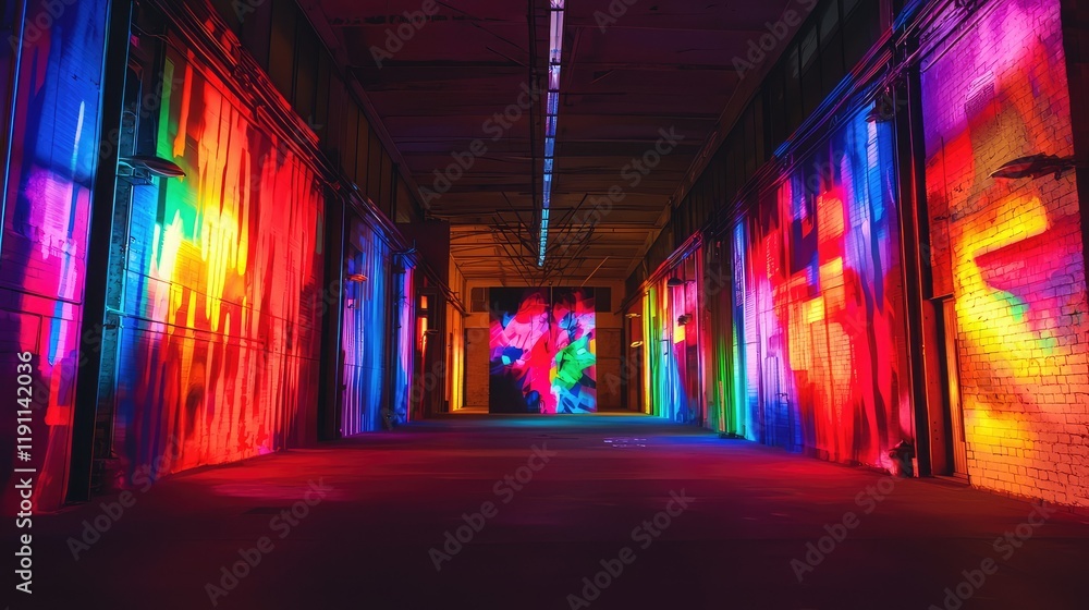 Poster vibrant light patterns create colorful spaces in abandoned warehouse
