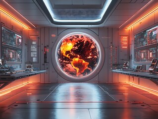 Futuristic Laboratory Designed for Climate Research with Vibrant Holographic Displays of Weather Models and Earth Ecosystems