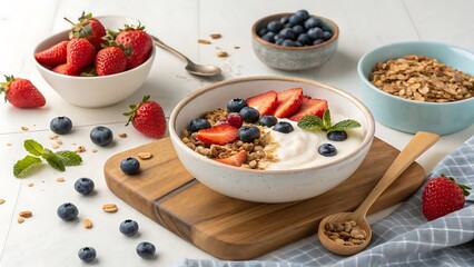 Fresh yogurt. Breakfast with yogurt with fruits and berries. Healthy food concept. Long web format