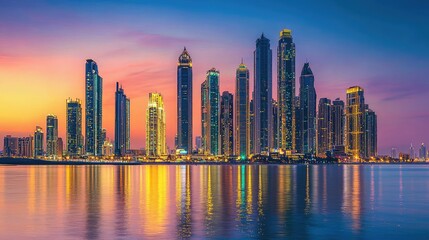 Fototapeta premium Stunning City Skyline at Sunset with Colorful Reflections in Water