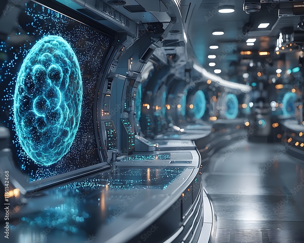 Poster futuristic biology lab with holographic displays of evolving cell structures and models