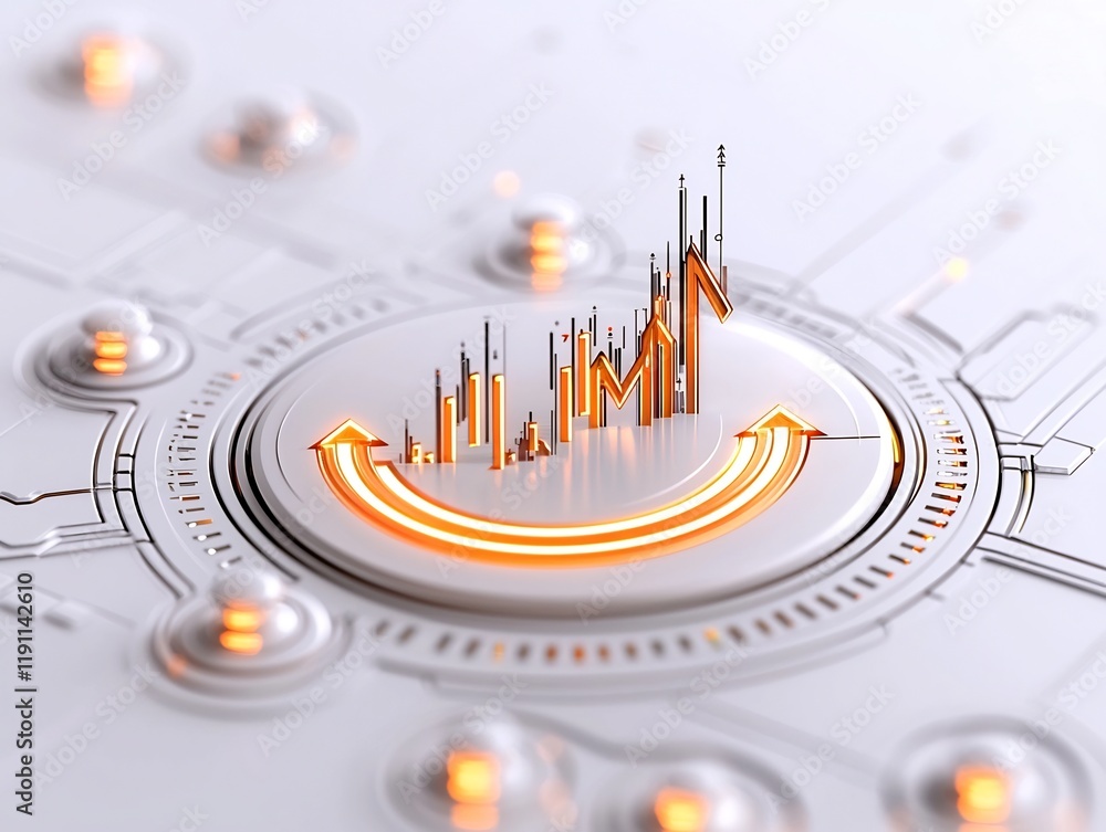 Poster sleek and minimalist financial data visualization showcasing an upward trending digital chart agains