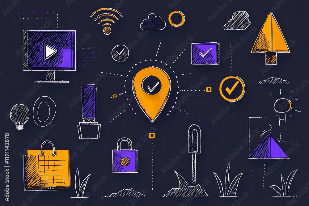 Poster of a collaborative digital workspace featuring handwritten notes navigation signposts and icon overl