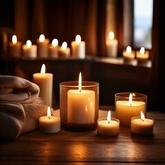 Generated image Warm glow of lit candles in a dark room creating a cozy atmosphere
