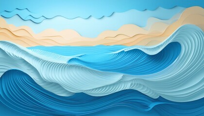 Abstract blue sea and beach summer background with curve paper waves and seacoast 