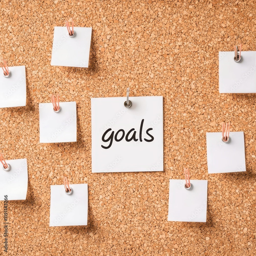 Poster goal setting planning mindset concept. inspirational corkboard with pinned notes centered around per