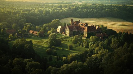 Naklejka premium Serene Aerial View of Medieval Castle Surrounded by Lush Forest