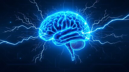 Human brain digital illustration. Electrical activity, flashes and lightning on a blue background.