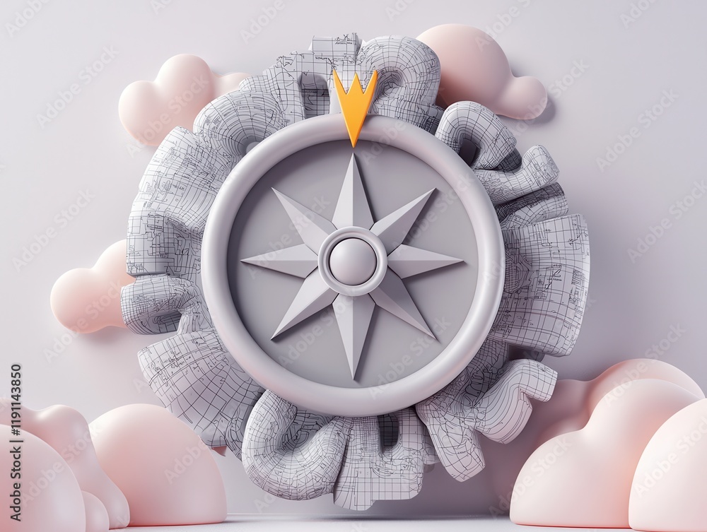 Poster goal setting planning mindset concept. intricate compass design surrounded by soft clouds and detail