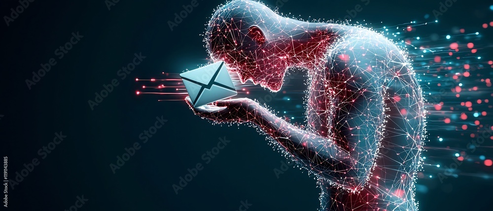 Poster symbolic depiction of interconnected global networks abstracted human form merging with mail symbol 