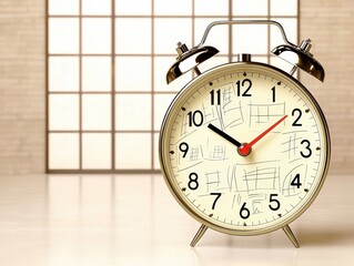 Goal setting planning mindset Concept. Vintage Alarm Clock with Overlaid Sketches in a Light-Filled Space for Planning and Time Management.