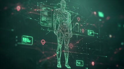Cinematic digital depicting a cross border conversation and technology linkage concept featuring an outlined human figure with digital guidance markers and envelope graphic elements in a dark