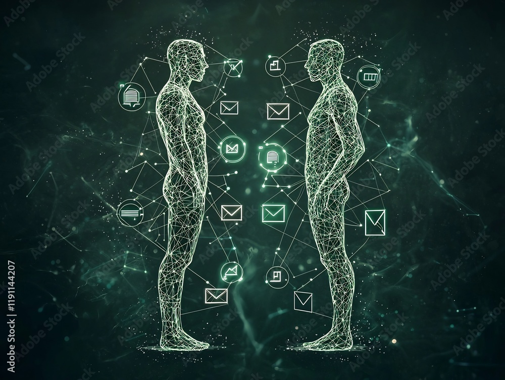 Poster interconnected worldwide teamwork symbolized by a digital wireframe human form amid navigation direc