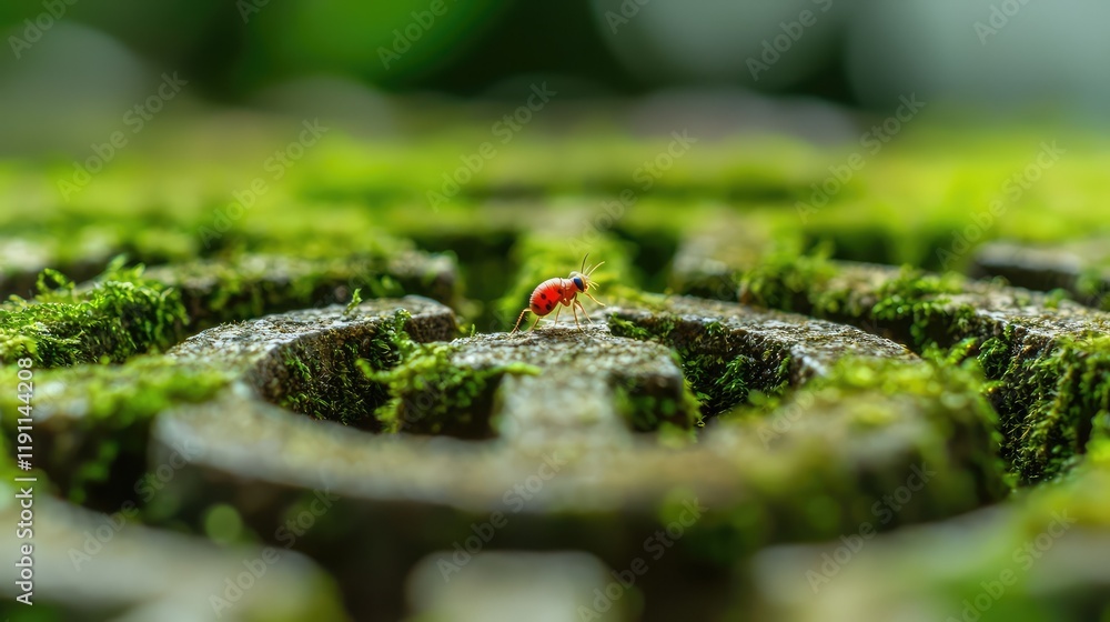 Poster Close-Up of Red Insect on Mossy Stone with Intricate Patterns