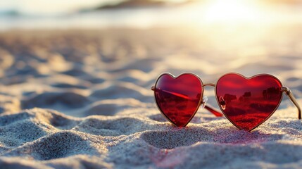Fototapeta premium Romantic Heart Shaped Sunglasses on Sandy Beach at Sunset