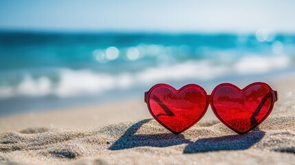 Fototapeta premium Romantic Heart Shaped Sunglasses on Sandy Beach Ocean Background Summer Vacation