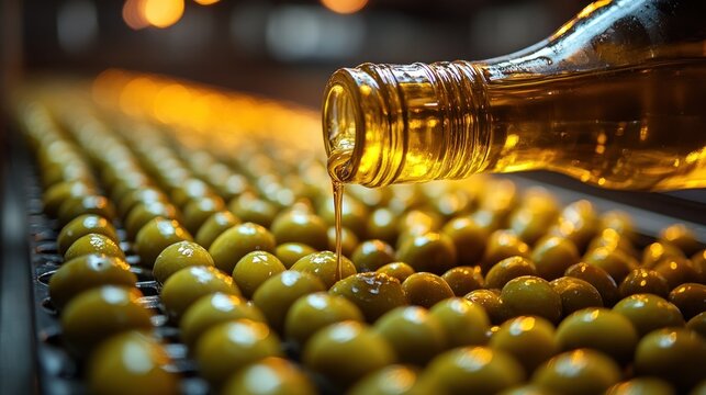 Olive oil pouring onto conveyor belt of olives.