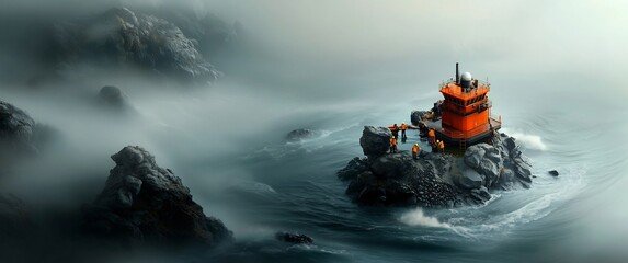 Environmental Disaster Response Team Containing Offshore Oil Spill Incident at Rugged Seaside Location with Specialized Equipment and Muted Color Palette in a Era Portrayal