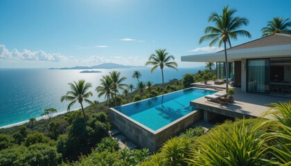 Luxurious villa with infinity pool offers stunning ocean views on a sunny day