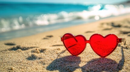 Fototapeta premium Romantic Red Heart Sunglasses on Sunny Beach Sand Summer Vacation
