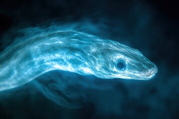 Fototapeta premium Highresolution DSLR photo of electric eel surrounded by glowing phytoplankton in the deep ocean emanating a subtle bluewhite light
