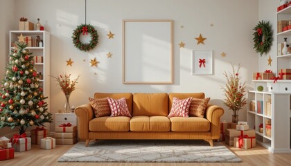 Cozy holiday living room with a decorated tree and festive decor for a warm winter atmosphere