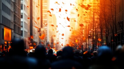 Fototapeta premium A crowd walks through a city street with autumn leaves swirling around them.