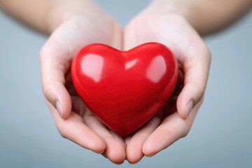 Obraz premium Two hands holding a red heart, symbolizing love and healthcare