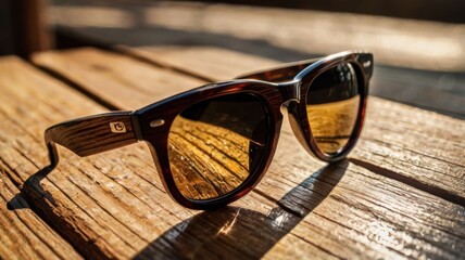 Stylish Wooden Frame Sunglasses Reflecting the Golden Sunset on a Rustic Wooden Surface, Perfect for Fashion and Summer Outdoor