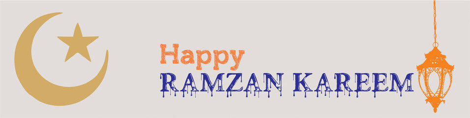 Happy Ramzan kareem, Traditional religious symbol crescent and hanging lantern greeting card. Copy space poster and banner for social, electronic and print media. Muslim community festival celebration