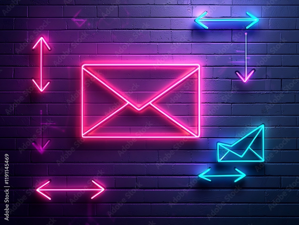 Poster borderless digital communication and connectivity metaphor with neon arrow and envelope symbols laye