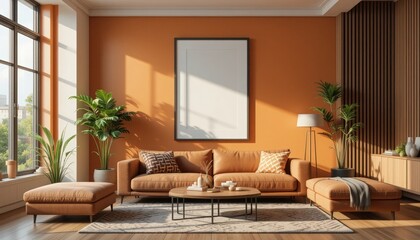 Fototapeta premium Cozy living room with orange walls and stylish furniture in a modern home environment