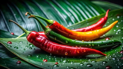 Glasschilderij  Vibrant Red & Green Chillies on Lush Banana Leaf - Low Light Still Life  © Four888