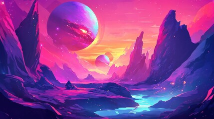 Vibrant Alien Landscape With Two Planets And Mountains