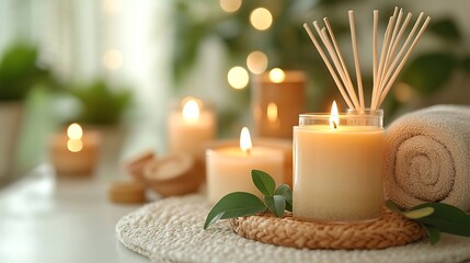 collection of candles and a reed diffuser create a warm and inviting atmosphere, perfect for relaxation and self-care