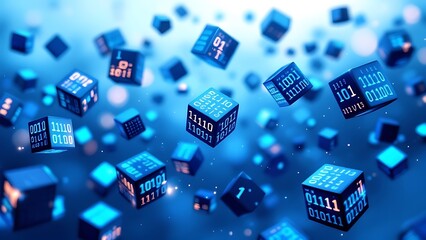 Fototapeta premium Blockchain Information flows in the digital global networks. 3D illustration of data cells with binary code elements.
