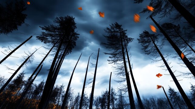 A dark forest scene with tall trees and swirling autumn leaves under a stormy sky.
