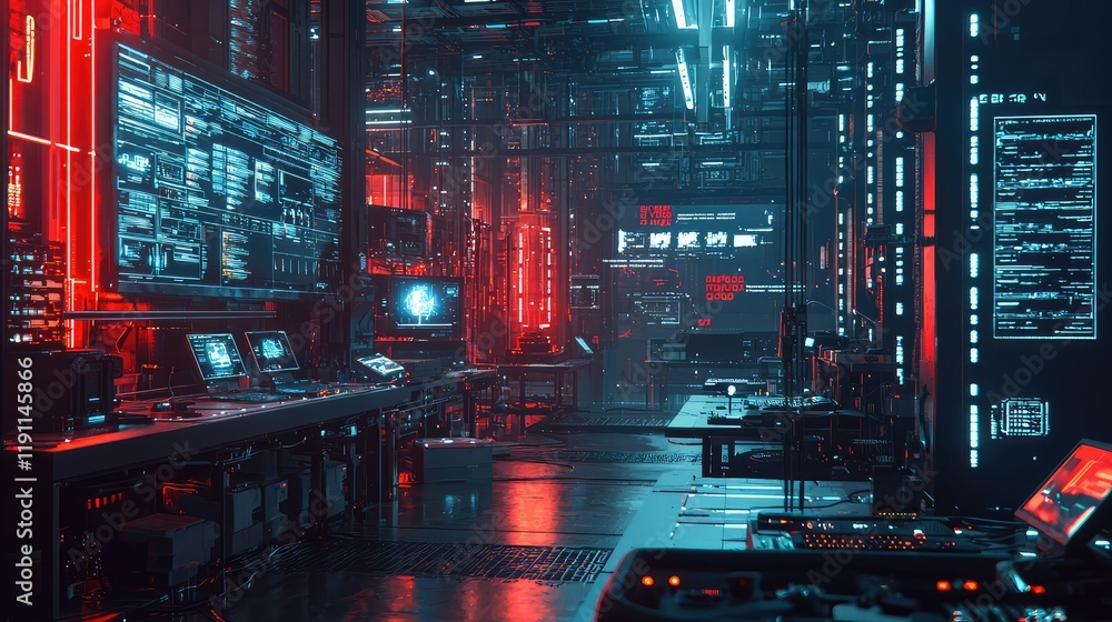 Poster futuristic computer lab with neon lights and high-tech displays