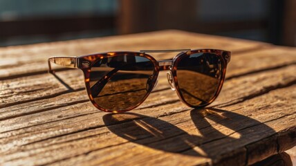 Stylish Wooden Frame Sunglasses Reflecting the Golden Sunset on a Rustic Wooden Surface, Perfect for Fashion and Summer Outdoor