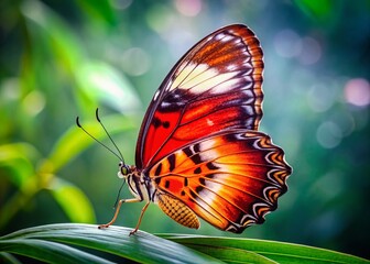 Vibrant Red Orange White Butterfly Stock Photo - Right Side Copy Space