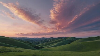 A Serene Landscape of Gentle Rolling Hills Bathed in Soft Pastel Colors at Sunset, Capturing the Tranquility and Beauty of Nature