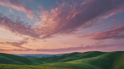 Fototapeta premium A Serene Landscape of Gentle Rolling Hills Bathed in Soft Pastel Colors at Sunset, Capturing the Tranquility and Beauty of Nature