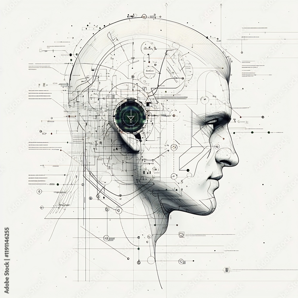 Poster intercontinental technological dialogue modernist portrait visualization showcasing a human profile 