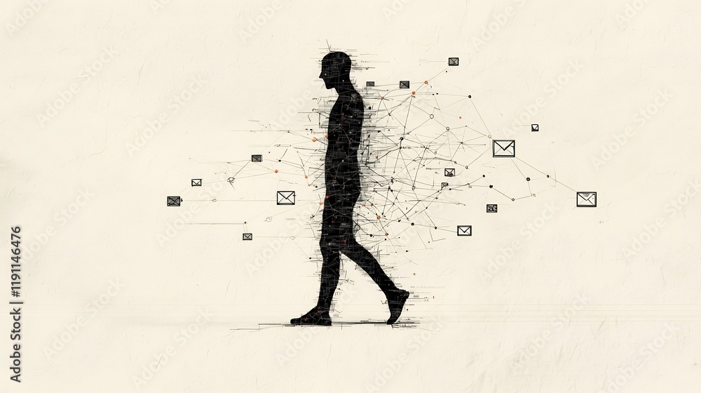 Poster transnational and virtual networking idea with handwritten human figure interconnected waypoints and