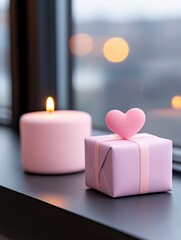A beautiful pink gift box with a heart-shaped topper beside a soft candle, creating a cozy atmosphere.