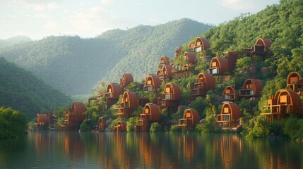 Fototapeta premium Serene escape: Luxurious bamboo cabins nestled on a hillside overlooking a tranquil lake, creating an idyllic eco-resort experience.