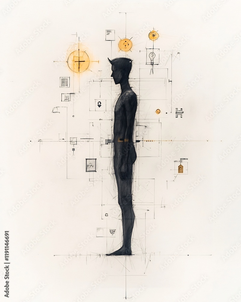 Poster minimalist sketched figure in a futuristic visualization of worldwide connection and information exc