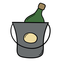 Hand drawn cartoon champagne bottle in bucket icon on white background.
