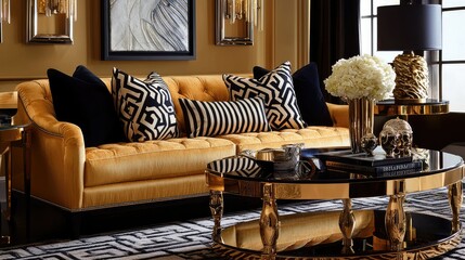 Elegant Living Room with Yellow Sofa, Decorative Pillows, and Glass Table