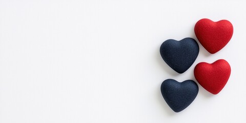 Obraz premium A captivating arrangement of four heart-shaped decorations in red and blue tones, ideal for expressing love.